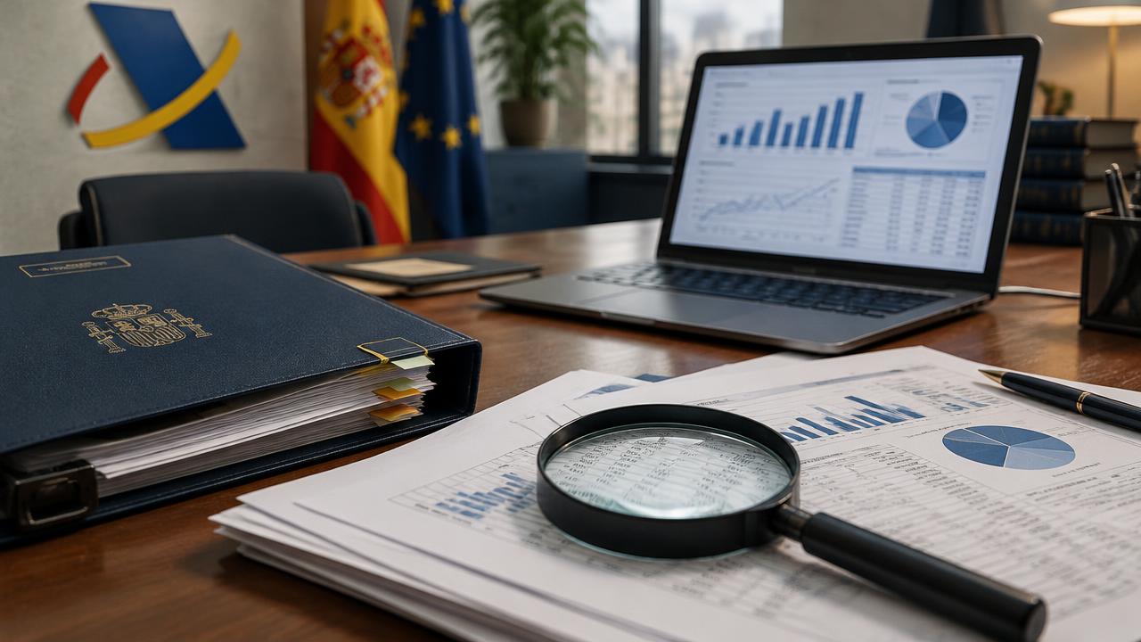 Mesa de trabajo con documentación oficial, gráficos y una lupa, en referencia al cruce de datos entre Inspección de Trabajo y Hacienda