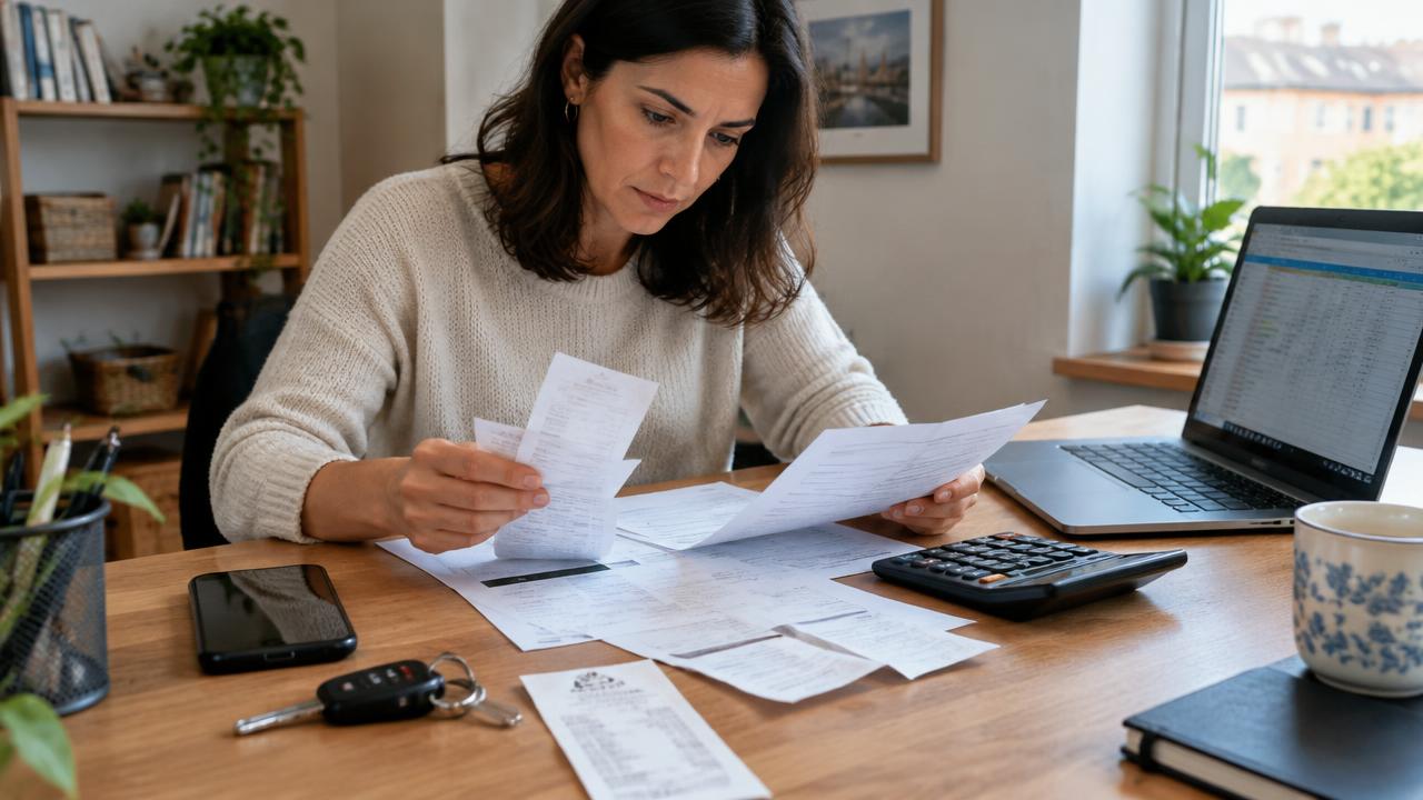 Autónoma revisando facturas y tiques de gastos junto al móvil, las llaves del coche y el portátil